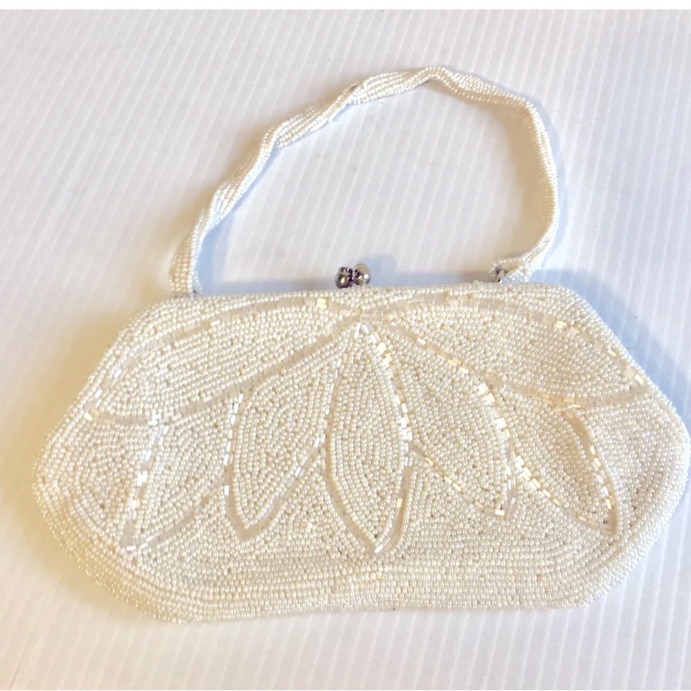 Debbie John Wind Seed Bead Bag Purse CLUTCH White Beaded REGENCYCORE REFORMATION